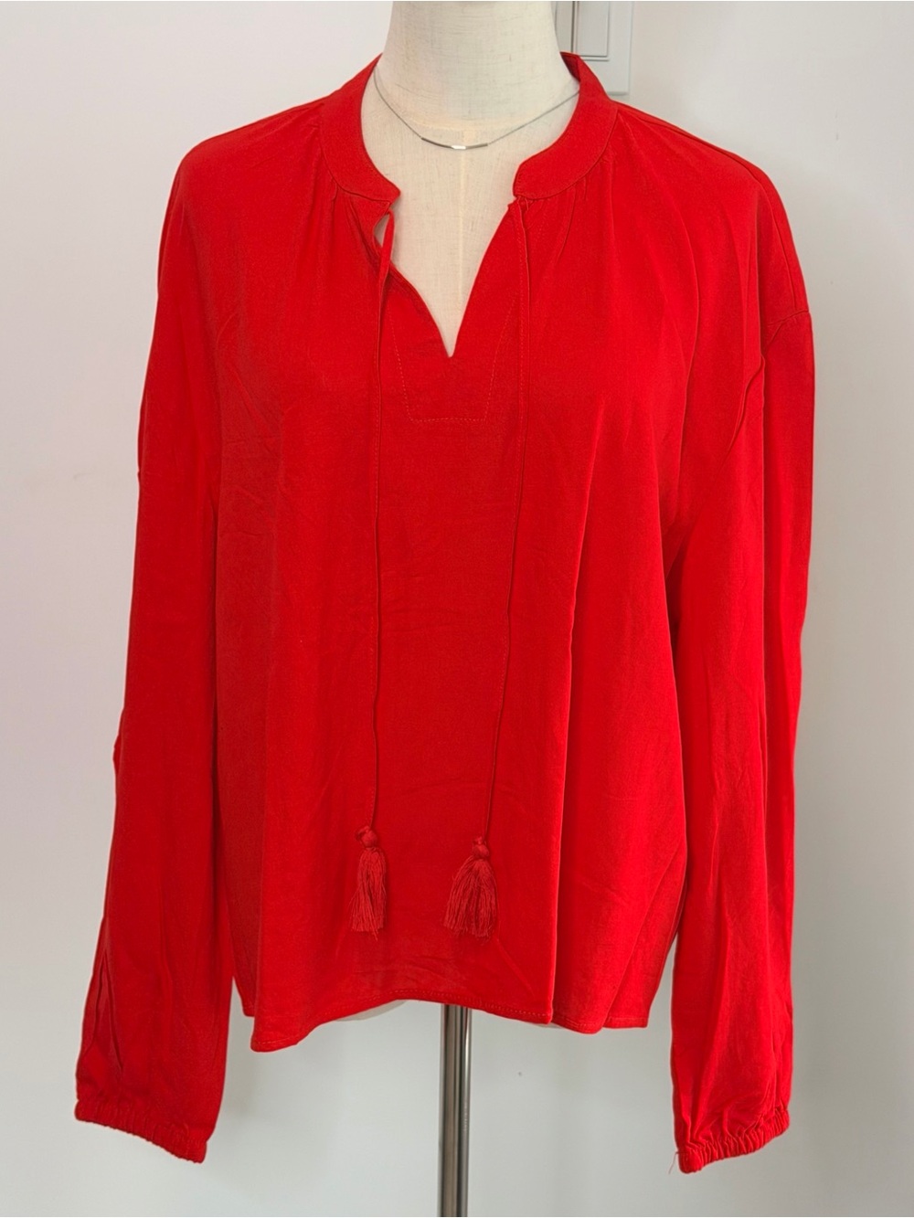 UP2 Fashion Red EcoVero Linen Blend Tassel Tie Blouse Top L NWT - Picture 2 of 10